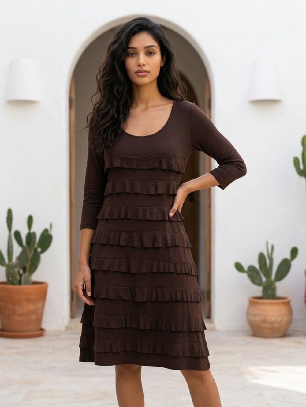 Lazy Daisy Brown Jersey Knit Tiered Ruffle Dress Long Sleeve Soft Comfy Stretch